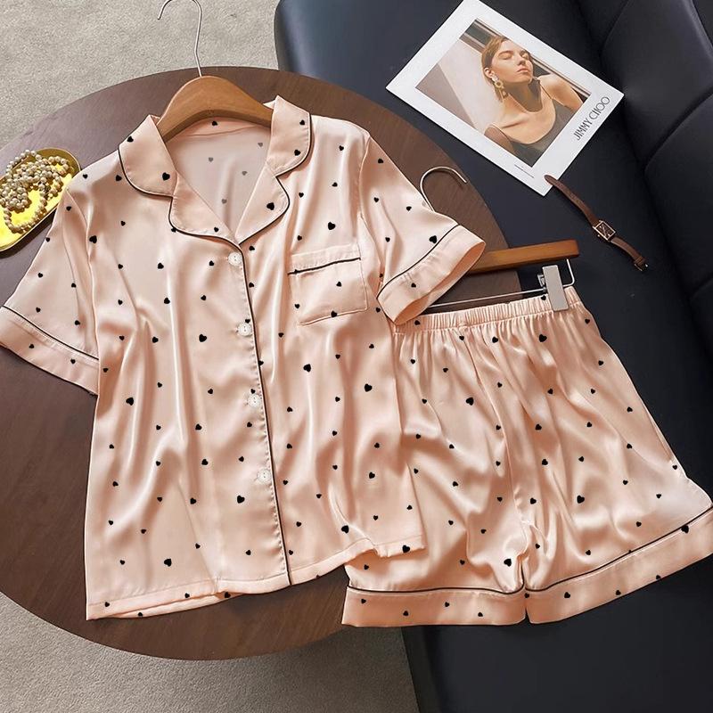 Pigiama Estivo Stampato Dolce Amore Donna Seta Ghiacciata Seta Sottile Manica Corta Comodo e Traspirante Set Loungewear