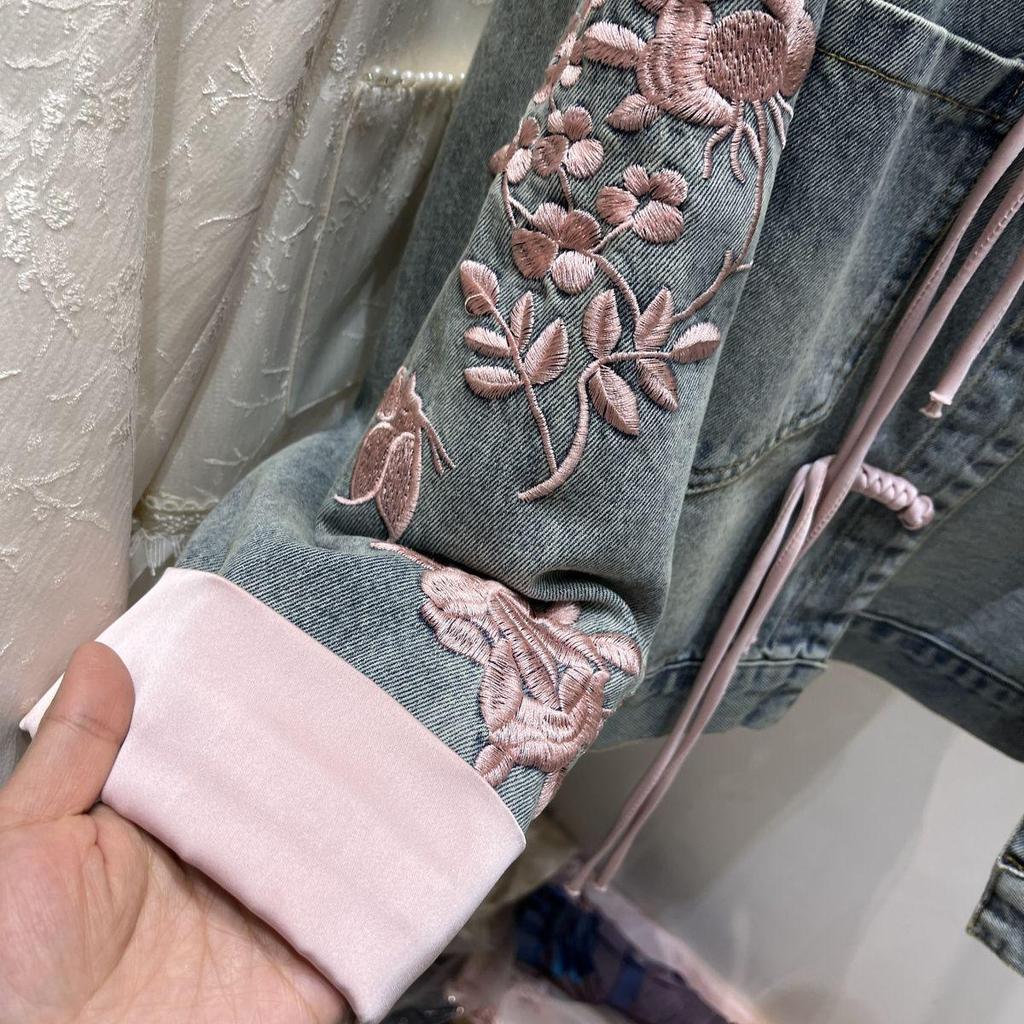 Short Buckle Denim Coat Women Chinese Style Stand Collar Top Spring  Bomber Outerwear Fashion Street Jeans Jacket Female