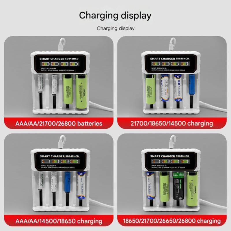 Intelligent 4 Bay Battery Charging For 3.7V 4.2V Cells Featuring Overcharge Protections Reverse Polarity Safety Accent