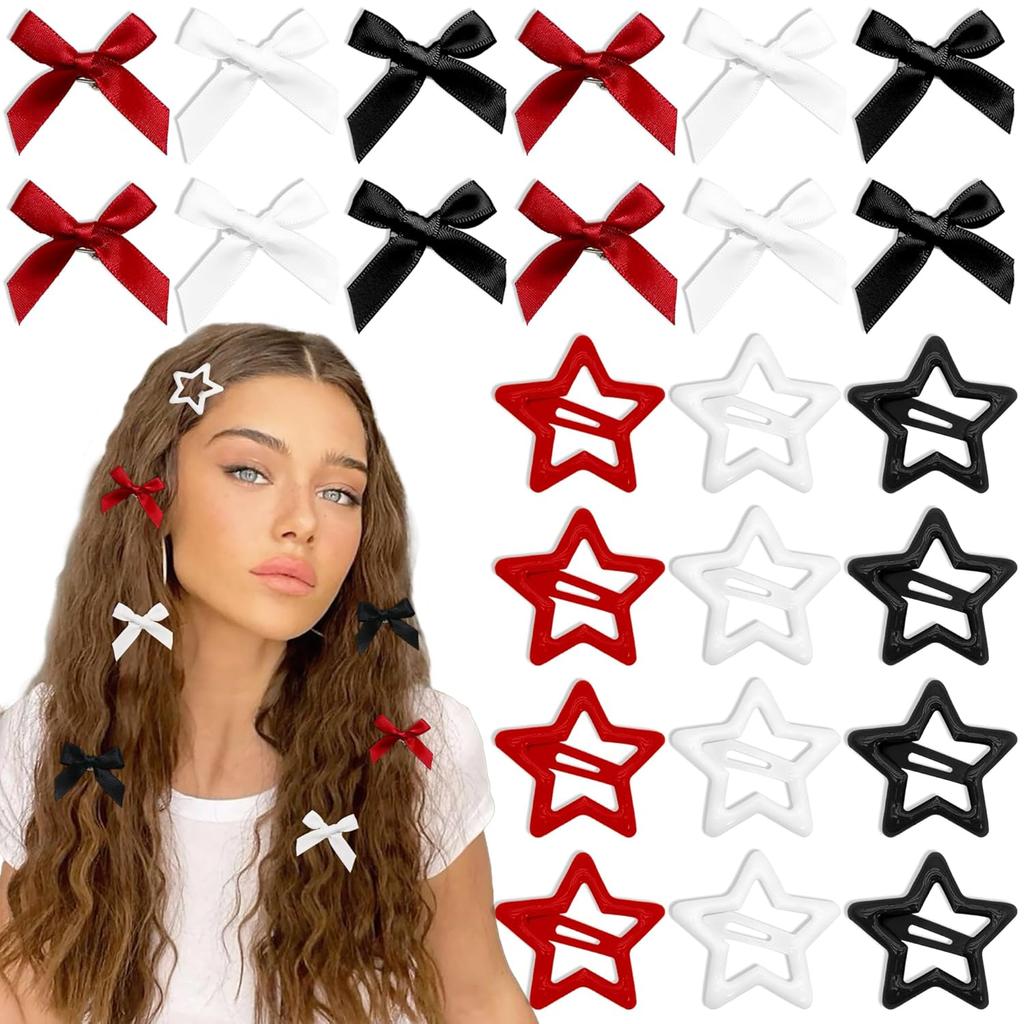 24 Stück/Set Y2K 3 Farben Stern Metall Haarspangen Schleife Mini Haarspangen für Frauen Mädchen Süße Schleife Haarspangen Haarschmuck