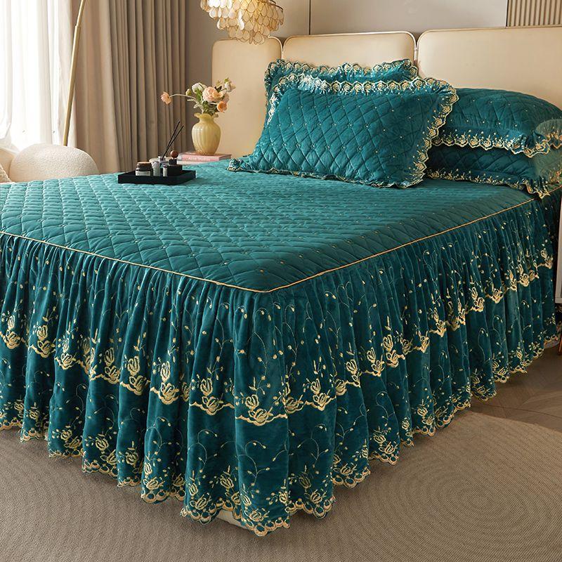 3-teiliges Modernes Luxus Makramee Bettrock Set, Einfarbig Ganzjahres Universal Rutschfestes Bettwäscheset (Bettrock *1+ Kissenbezug*2, Ohne Füllung)