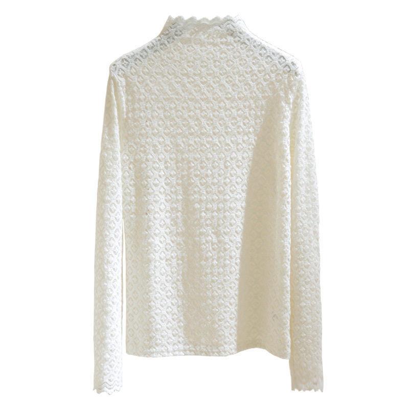 Tenká krajková košile s polovysokým výstřihem Krajka Spodní část Dámské Jarní Nový styl Topy s dlouhým rukávem