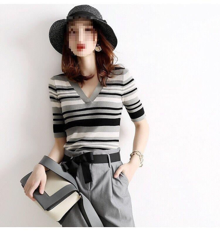 

Женская полосатая футболка-пуловер с V-образным вырезом и рукавами до локтя, весна 2025 Medium