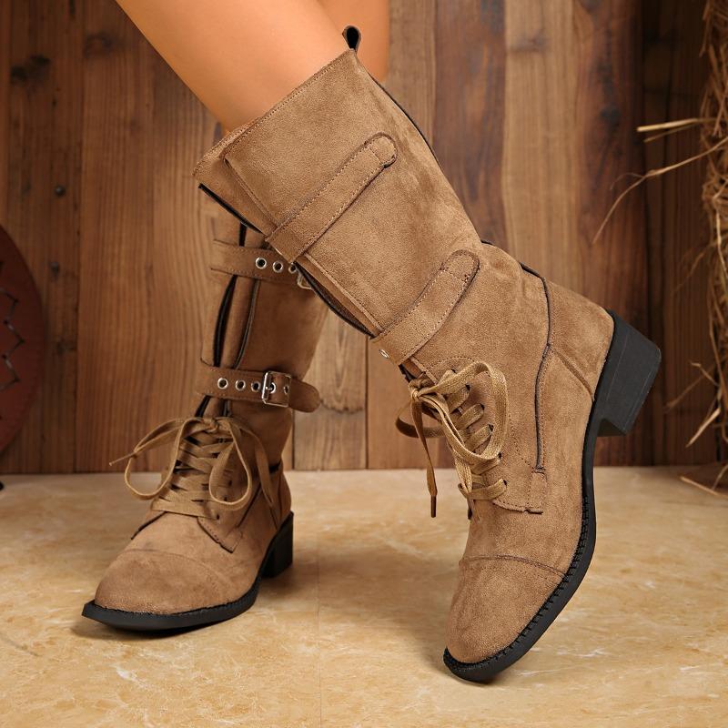 Vintage Pointed Toe Paneled Cow Suede Lace-Up Metal Buckle Zipper Soft Sole Non-Slip Block Heel Boots Mid-Tube Boots