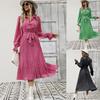Turndown Collar Printed Pleated Dress Straps Dazzling Length Dress Elegant Long Sleeve Dresses Causal Women Dress
