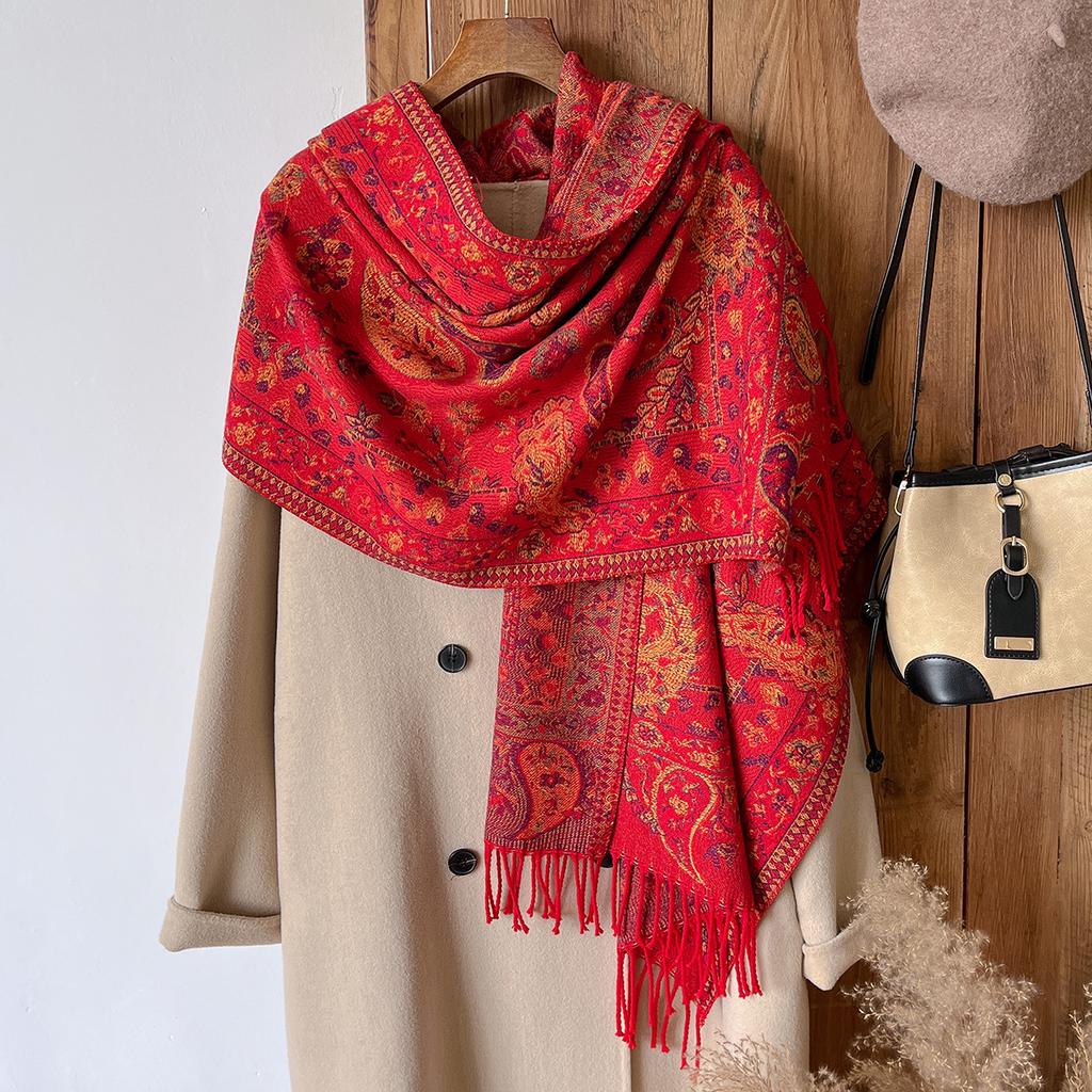 Women'S Winter Paisley Print Thick Pashmina Shawl Warm Long Tassel Scarf Poncho Stoles Cold-Proof National Style