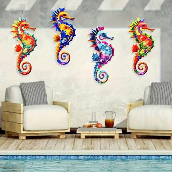 4Pcs Wooden Seahorse Wall Art Set Rustic Garden Fence Decor for Patio Living Room Bedroom Coastal Nautical Ornaments for Home Outdoor