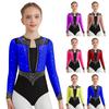 Girls Gymnastics Leotard Long Sleeve Keyhole Back Shiny Rhinestones Figure Skating Dancewear