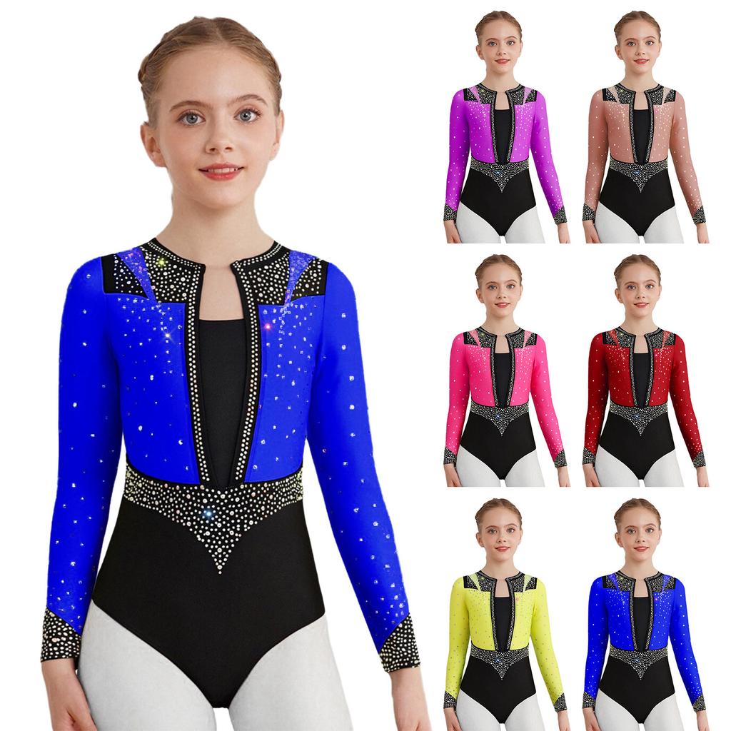 Girls Gymnastics Leotard Long Sleeve Keyhole Back Shiny Rhinestones Figure Skating Dancewear