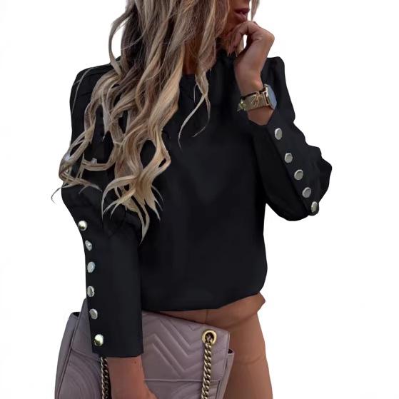 2023 Trendy European & American Celebrity Long Sleeve Round Neck Metal Buckle Women's Top