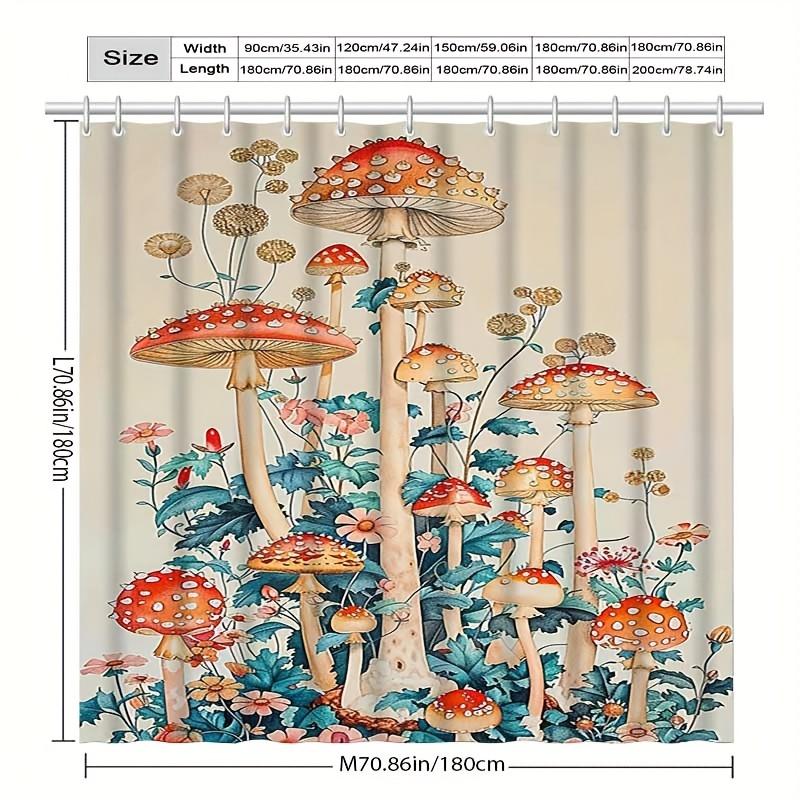 Mushroom Fairy Tale Shower Curtain, Vibrant Forest Design, Red Mushrooms & Green Foliage, Machine Washable Polyester