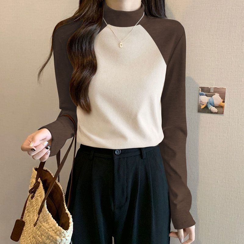 Autumn Winter New T-Shirts Women Tees Mock Nerk Contrast Color Patchwork Fashion Casual Youth Long Sleeve Warm Bottoming Tops