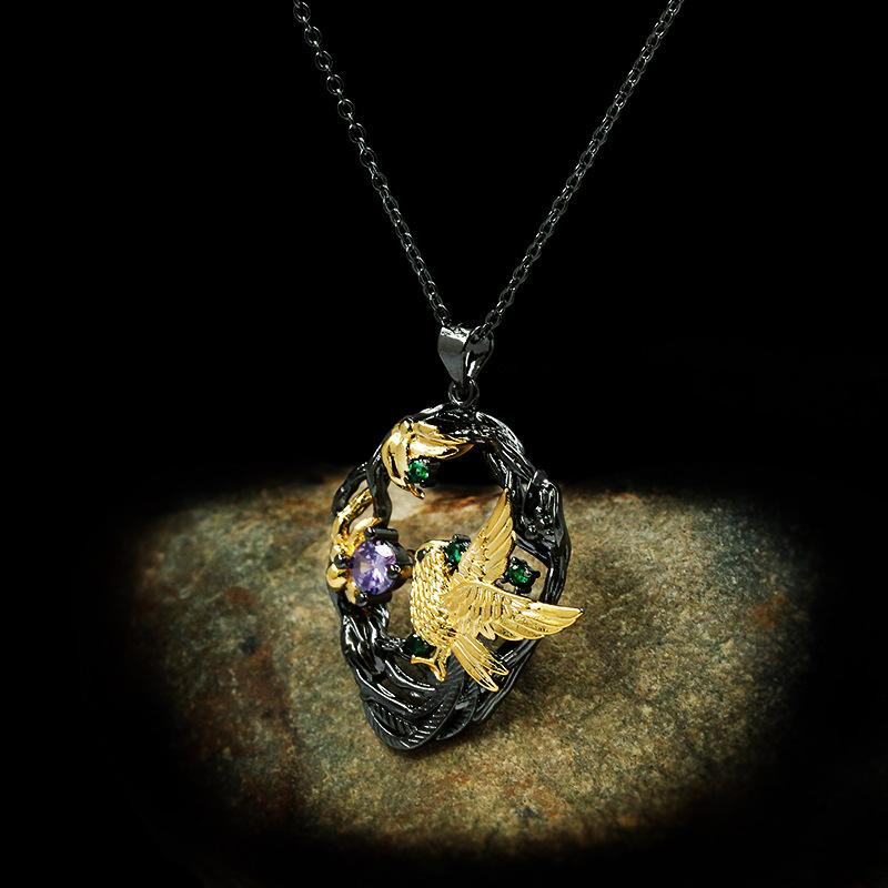 Hollow Flower Necklace New Style Decoration Colorful Gemstone Diamond Magpies Black Gold Pendant