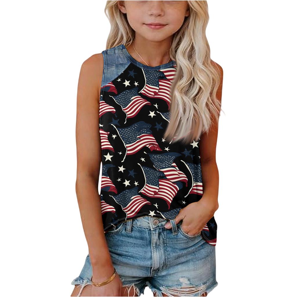 Sleeveless Loose Fit Tank Top with Abstract Swirl Print and Denim Shoulder Panels Round Neck Casual Summer Shirt for Women