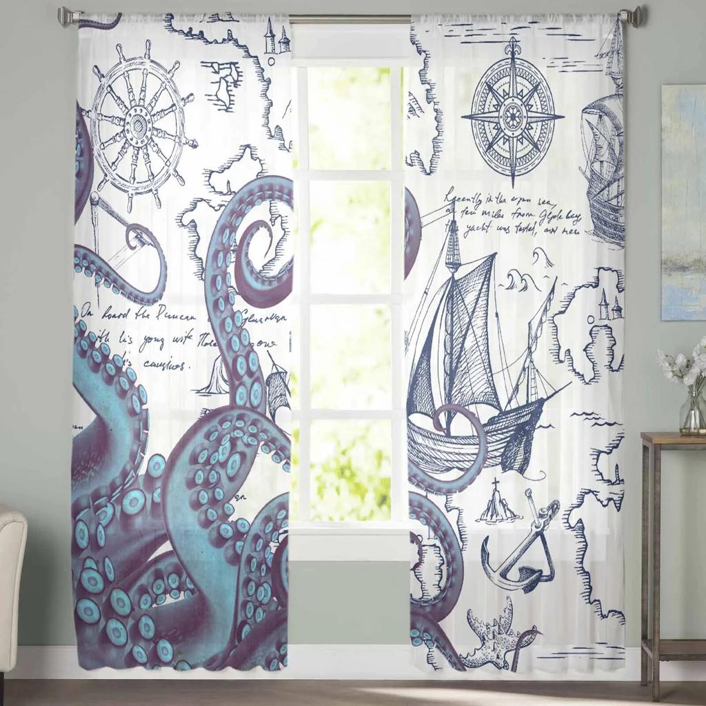 Carta de navegação de navio pirata Tentáculos de polvo Cortinas de quarto Cortina de tule transparente Sala de estar Decoração de casa Cortinas de voile