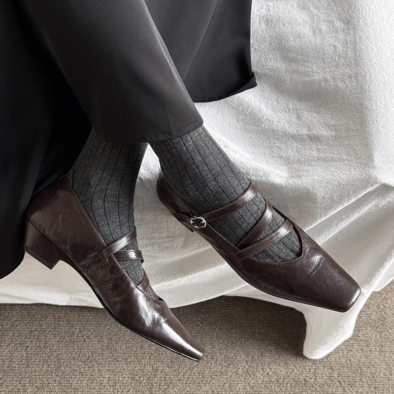 The Same Retro Mary Jane Single Shoes Women's 2025 Spring New Flat Bottom Square Head Buckle Belt Leather Women's Shoes