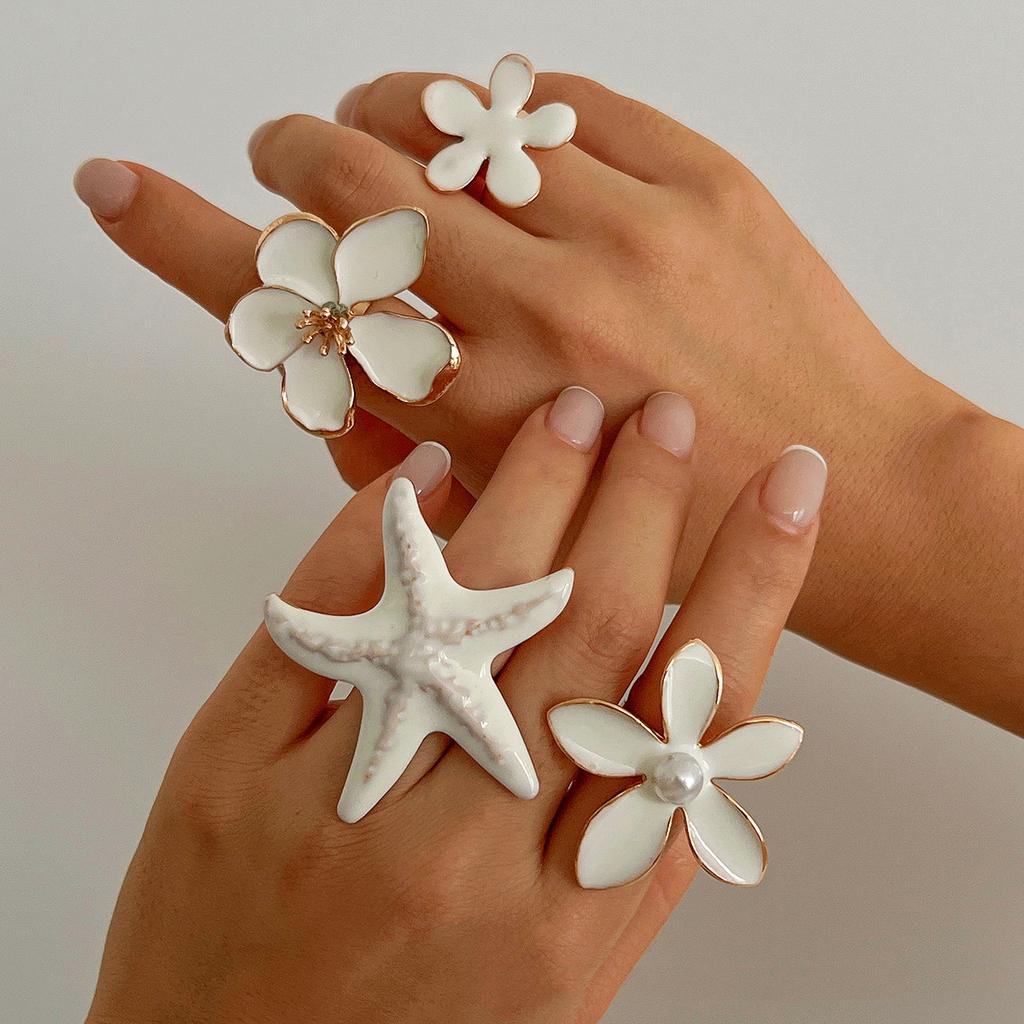 Summer Cavation Oil Dripping White Pearl Flower Ring Exaggerated Jewelry Gift Geometric Adjustable Metallic Starfish Rings for Women