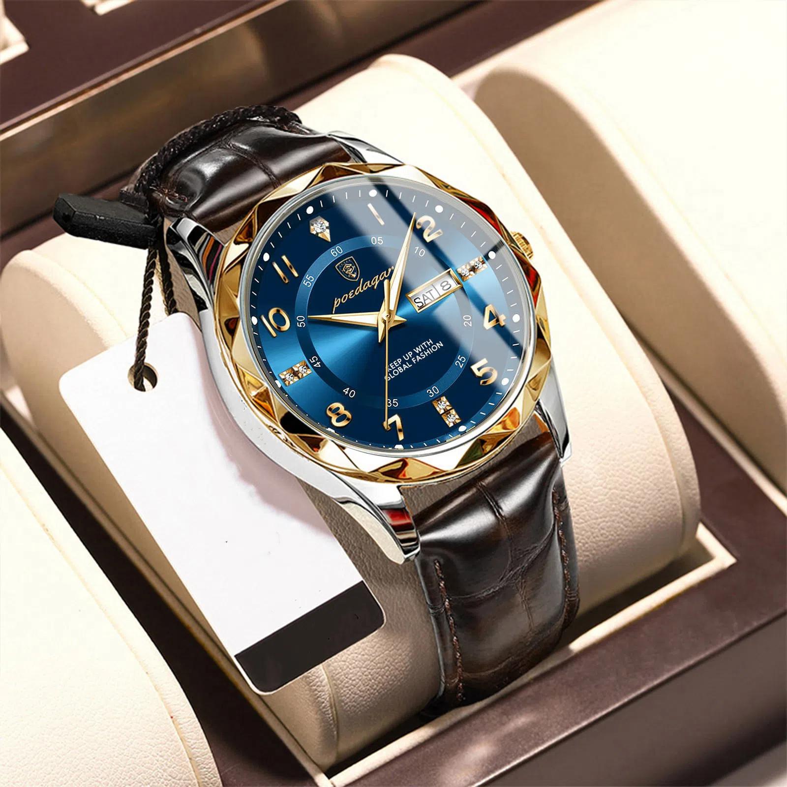 

POEDAGAR Мужские наручные часы класса люкс Бизнес Светящиеся мужские черные часы с датой и неделей для мужчин Кварцевые часы Кожаные часы синий/золотой