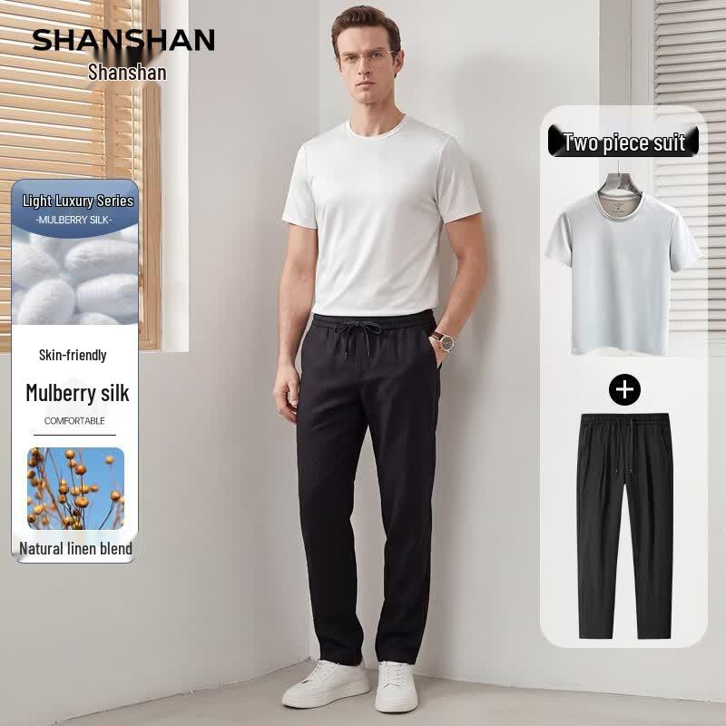 SHANSHAN Men s Silk Linen Blend Casual Two-Piece Set 4XL