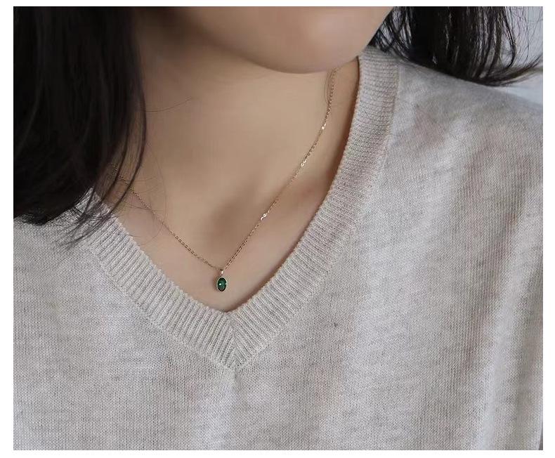 14K Gold-Plated Sterling Silver Necklace with Oval Emerald Pendant - Luxury Clavicle Chain for Women