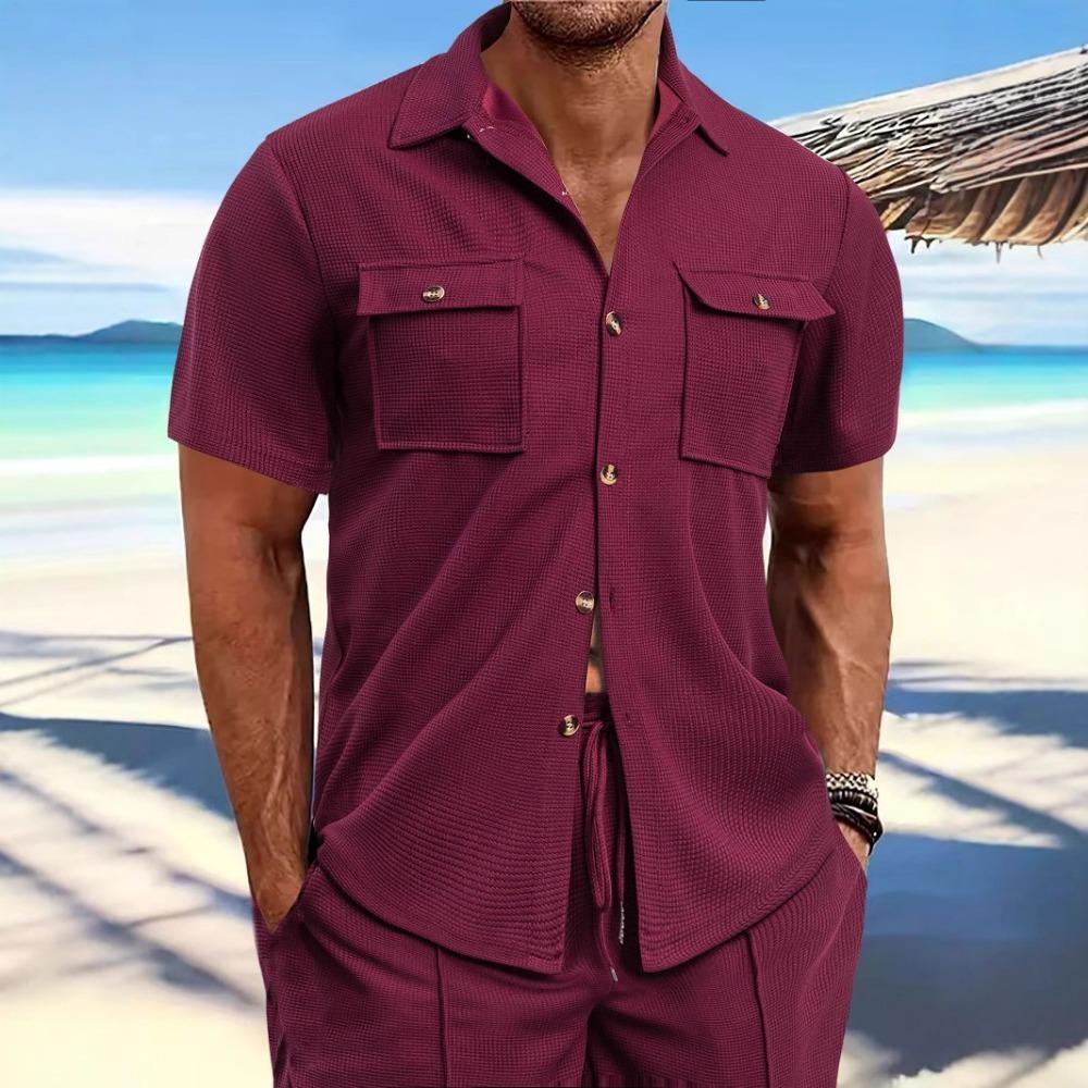 Summer Men's Waffle Short Sleeved Casual Solid Color Shirt