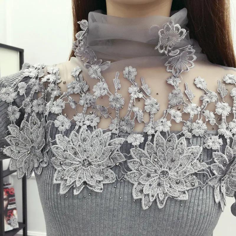 

Autumn Winter New Korean Style Sweater Women s Lace Stitching Hollow Slim Long-sleeved Knitted Bottoming Shirt L серый