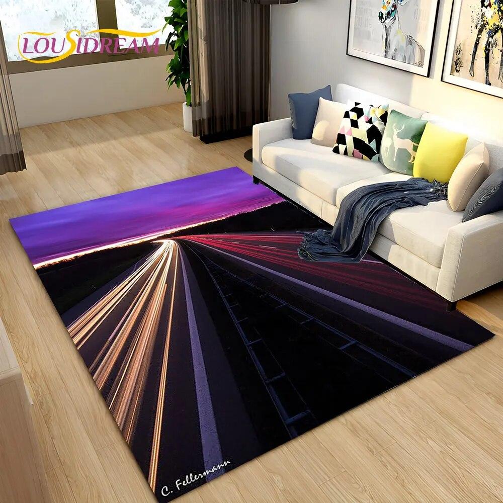 3D Neon Expressway Track Road Area Rug Large,Carpet Rug for Home Living Room Bedroom Sofa Doormat Decor,Kids Non-slip Floor Mat
