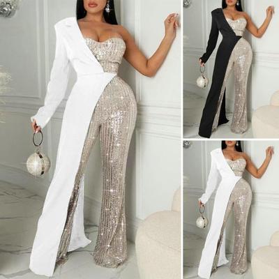 Women Jumpsuit One Shoulder One Sleeve Suit Coat Dress Patchworl Shiny Sequin Asymmetric Color Matching Wide Leg Tight Waist Prom Party Jumpsuit