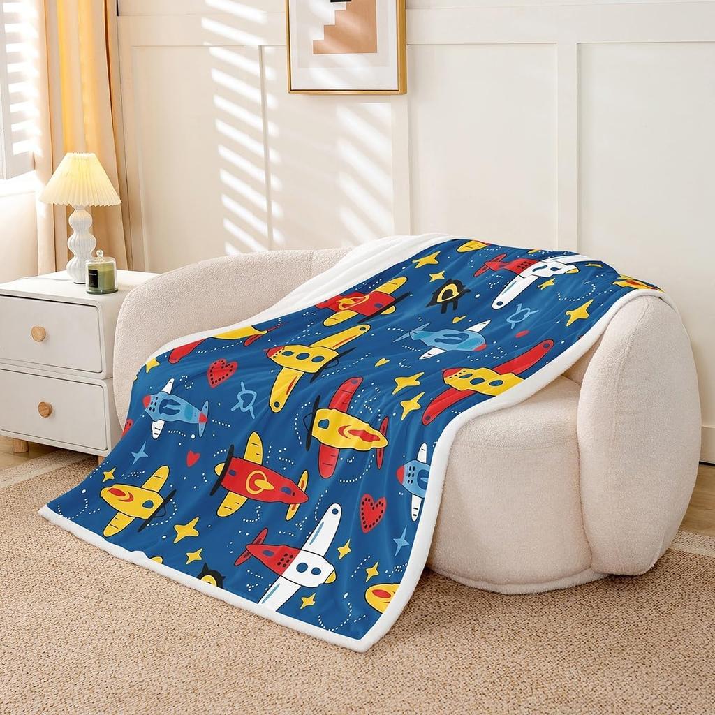Colorful Airplane Blanket Soft Fleece Throw Kids Room Decor Aviation Theme Baby Gift Home Decoration