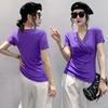 European Spring/Summer 2023 V-neck Mesh T-shirt with Rhinestone Cutout: Women's Fashionable Slimming Base Shirt
