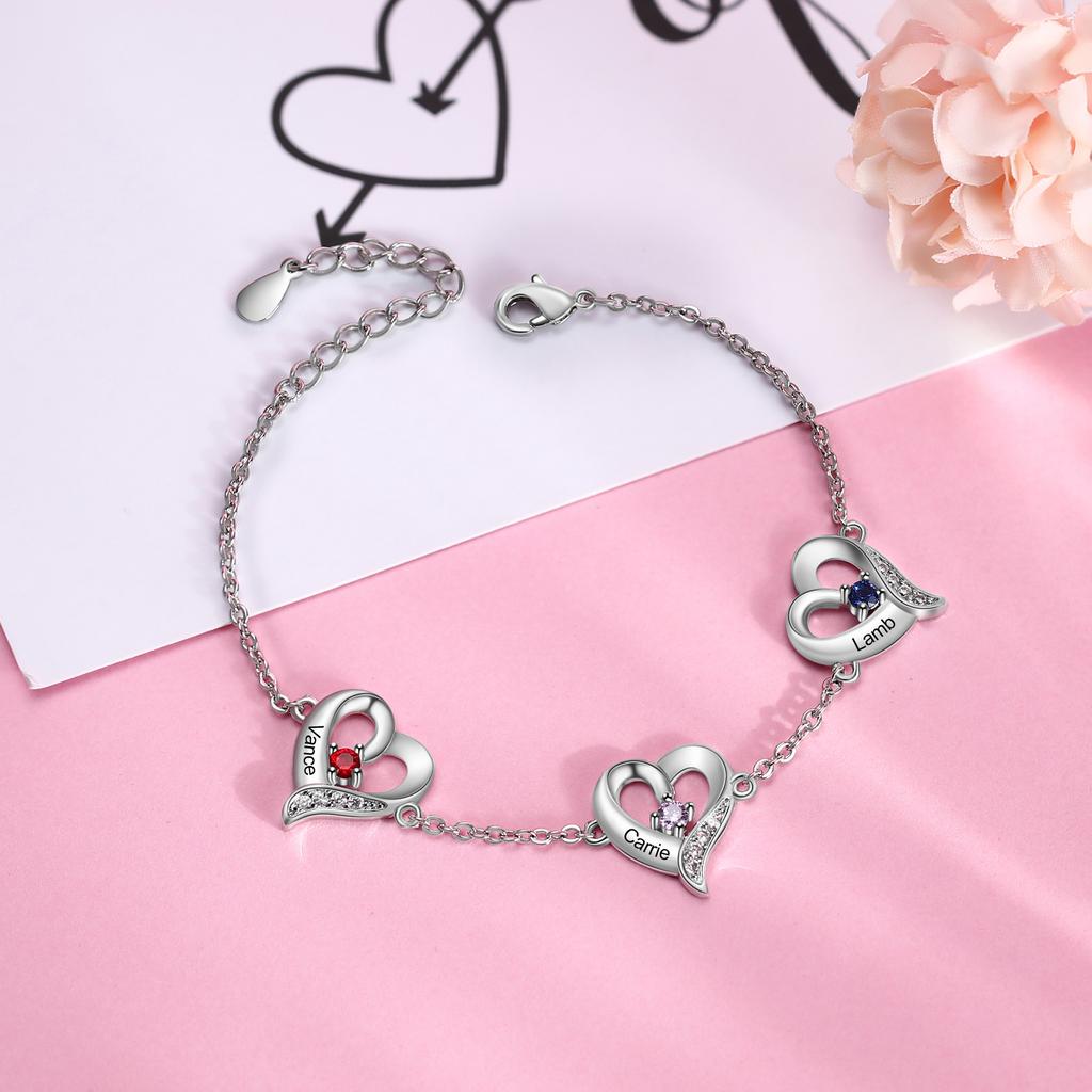 JewelOra Personalized Multi-Heart Charm Bracelets with Birthstone Customized  1-5 Name Engraving Bracelets & Bangles Xmas
