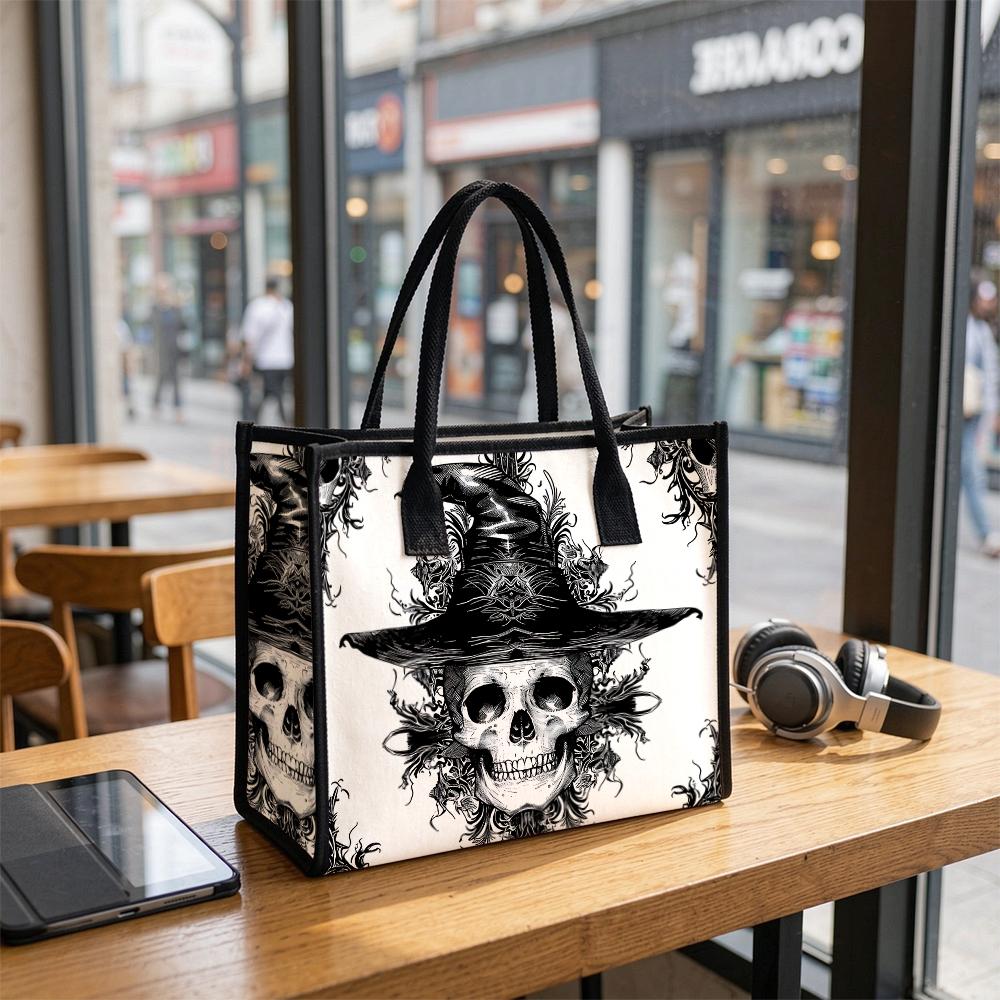 Gothic Witch Skull Pattern Tote Bag Halloween Style Portable Shoulder Handbag for Daily Use