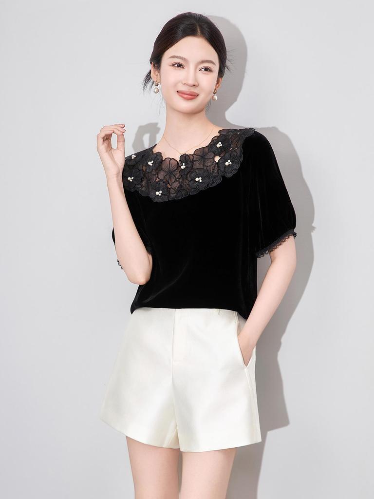 Wysokiej jakości jedwabny aksamitny top z kwiatowym haftem i koralikami, z krótkim rękawem i okrągłym dekoltem - Letnia elegancja dla kobiet