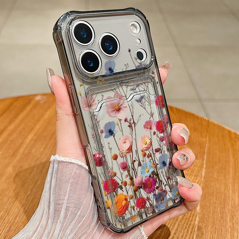 Silicone Cover For iPhone 16 Pro Max Funda iPhone 17 Air 15 14 13 12 Pro Max 11 colorful Small Flowers Pattern Case Insert the card Silicone Cover