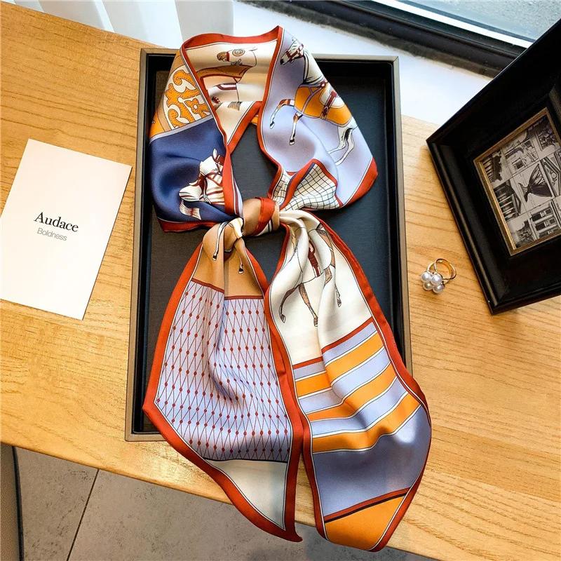 Mode Blauer Druck Seidenschal Damen Weicher Satin Pferdehaarband Schräges Halstuch Büro Hijab Stirnband Foulard Taschenbänder Geschenk