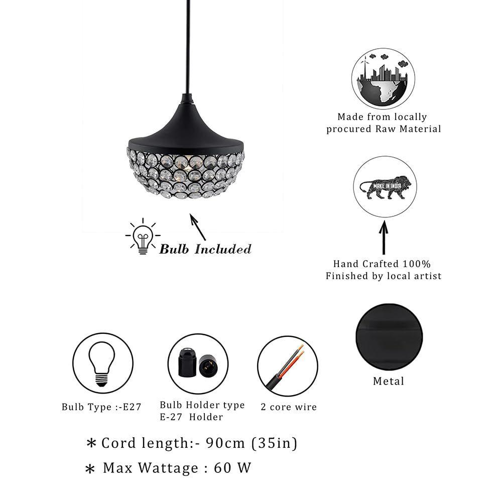 Crystal Pendant Light - Modern Black Hanging Ceiling Lamp with Sparkling Crystals, Decorative Lighting for Dining Room