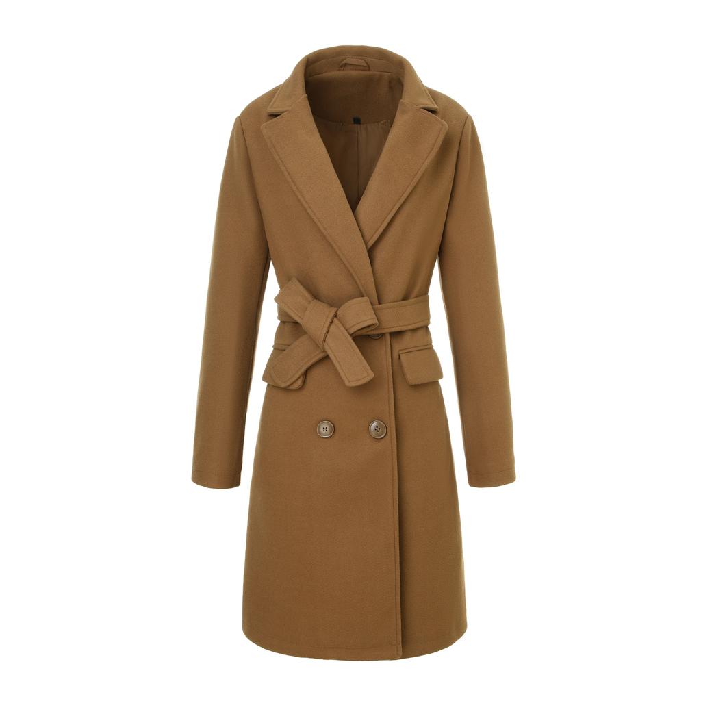 European, American Autumn and Winter Street Woolen Long Women's Coat Belt Double-breasted Lapel Tie-up Women's Coat