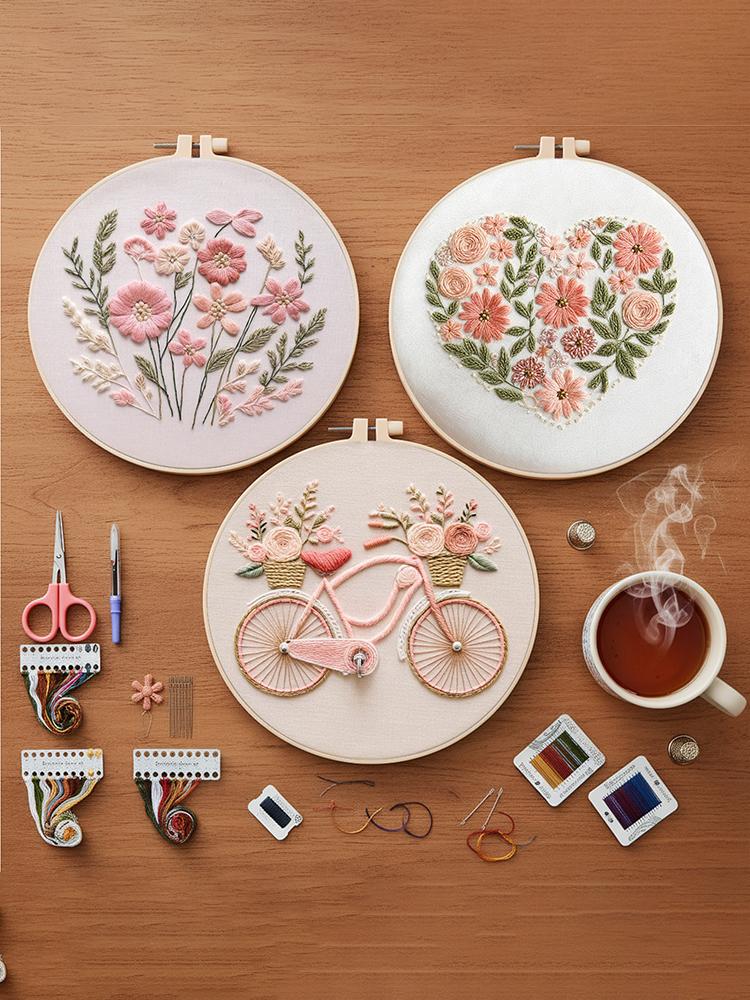 3er Pack Blumenpflanze DIY Stickstich-Übungsset mit Stickrahmen 30x30cm für Anfänger Erwachsene Handwerksliebhaber Geschenk
