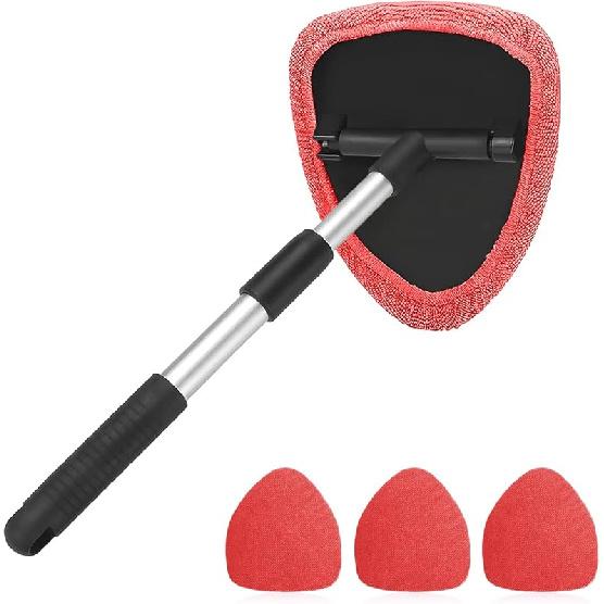 Windshield Cleaning Tool, Car Window Cleaner With Extendable Long Handle And 4 Washable Reusable Microfiber Pads, Auto Interior Exterior Glass Wiper