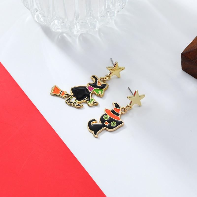 Halloween Cat Witch Star Earrings Women Zinc Alloy Dangle Studs Lightweight Fashion Jewelry