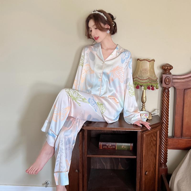 Herbst Langarm Home Wear Schmetterling Ice Silk Pyjamas Damen Dünnes Set Home Wear Herbst und Winter