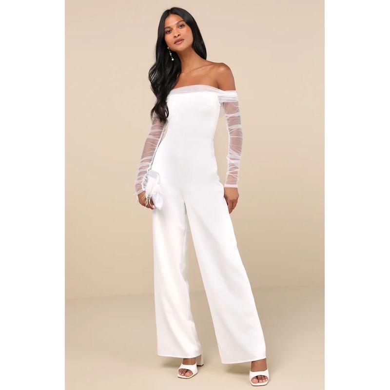 Foreign Trade Order Lu's Summer New Mesh Perspective Long Sleeve off-Shoulder Simple White Fashion Jumpsuit Women