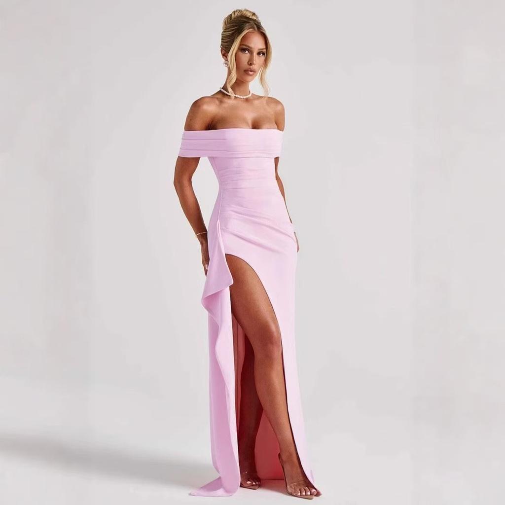 European and American women's clothing spring sexy one-word shoulder temperament elegant party dress split dress