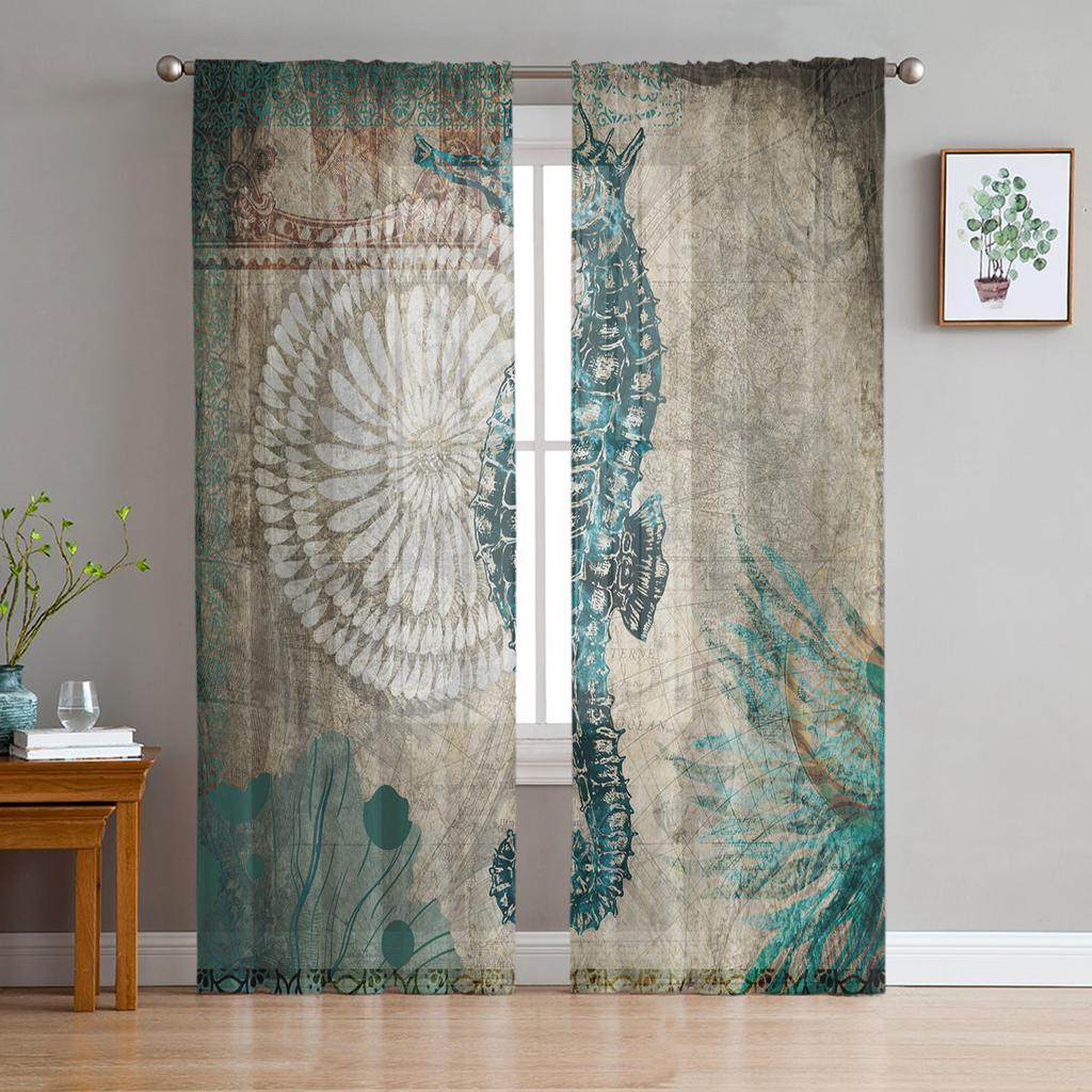 Marine Animal Hippocampus Seaweed Compass Tulle Curtain Voile Transparent for Bedroom Living Room Kitchen Sheer Window Curtains