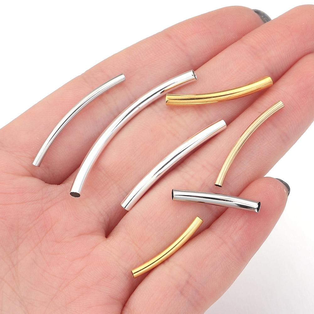 50pcs/lot Copper Curved Tube Gold Silver Smooth Tube Beads Jewelry Connectors For DIY Charm Bracelet Necklace Making Accessories