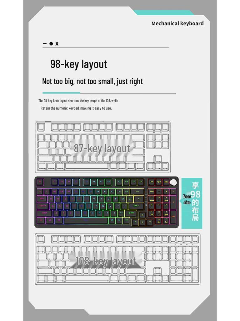 98-Key Wireless Bluetooth Three-Mode Mechanical Keyboard - Gaming, Esports, Office, PBT Transparent DIY Customization