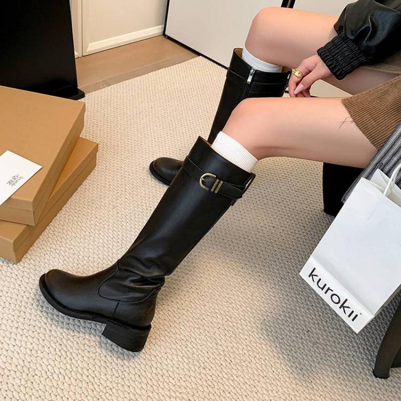 Autumn and winter leather tall boots solid color side zipper middle heel large size women's boots thick-soled non-slip versatile cowhide Martin boots