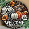 Pumpkin Wreath Aluminum Sign. Black & white striped decor for Halloween & Christmas.