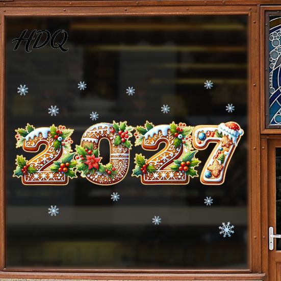 Storefront Holiday Decorations 2027 Gingerbread Christmas Static Window Clings Xmas New Year Decals with Santa Claus Glass Stickers Snowman