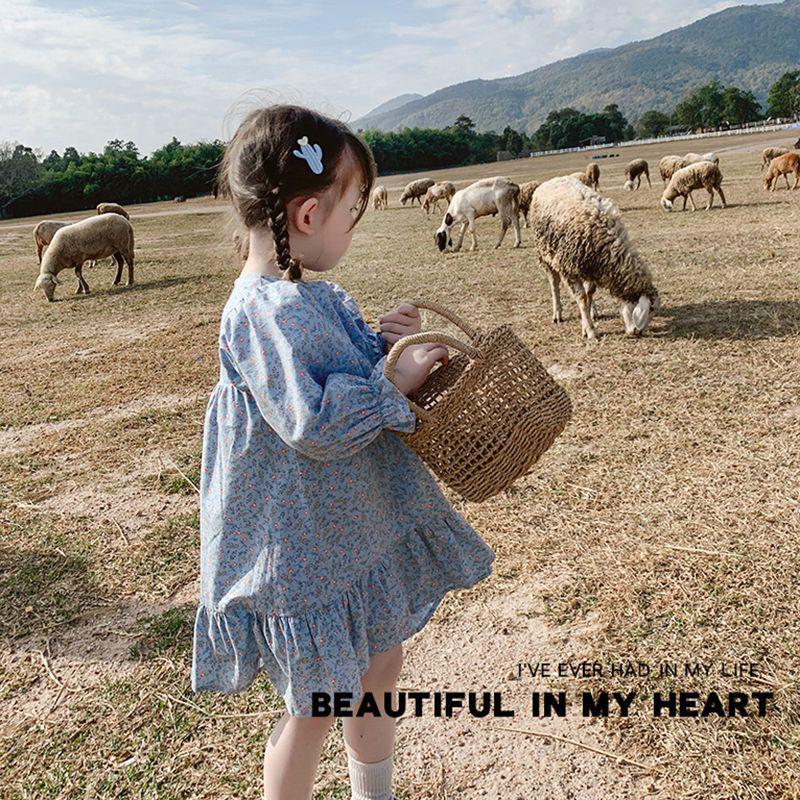 Girls' Floral Long-Sleeve Mid-Length Spring 2025 Princess Dress - Korean Pastoral Style